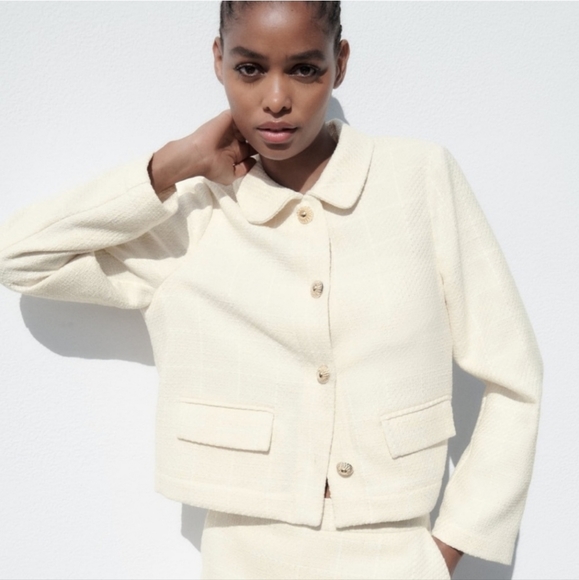 TEXTURED PLAID JACKET ECRU SIZE L - Picture 2 of 8